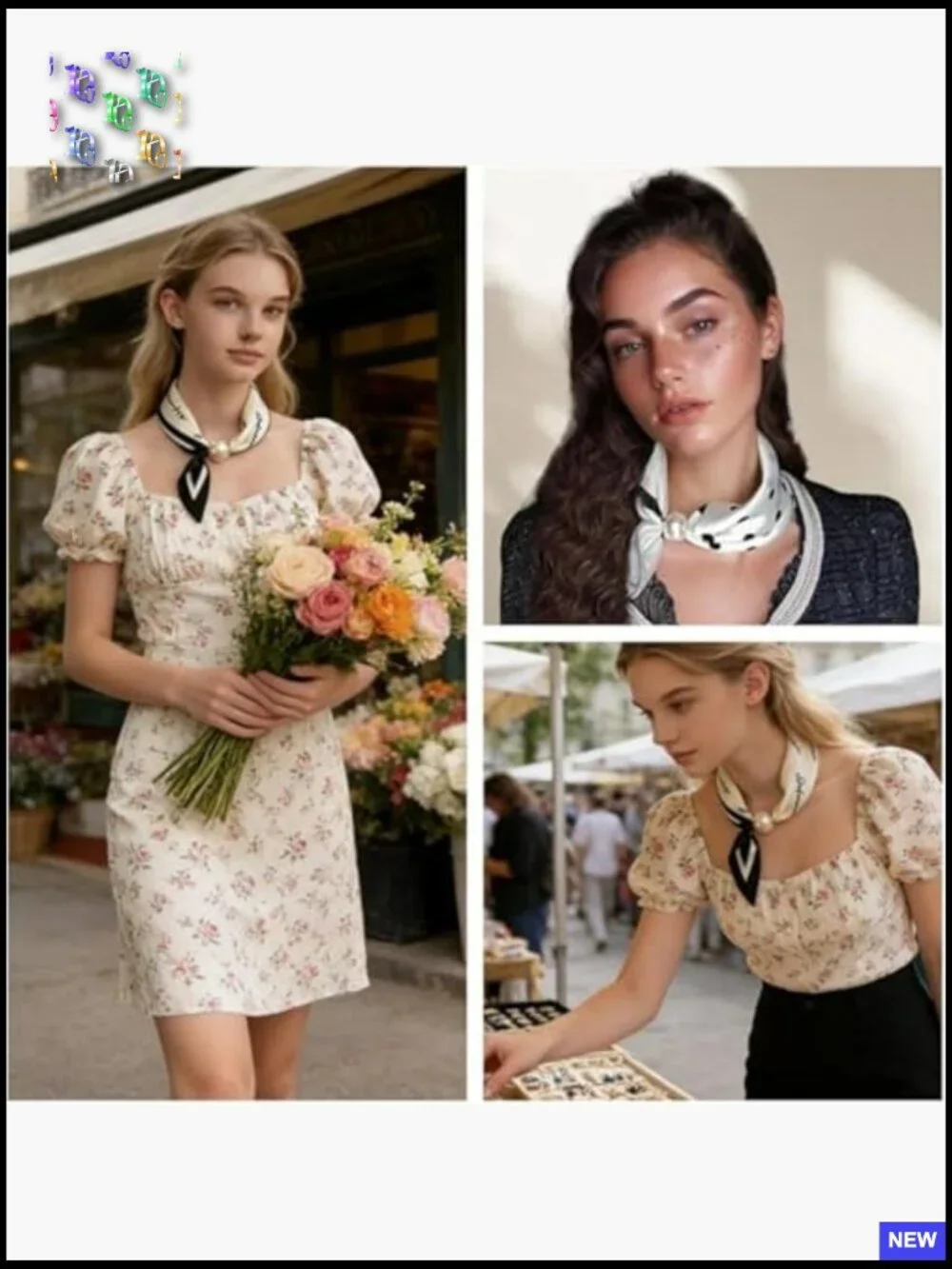 Magnetic Buckle Scarf with Pearl Charm Retro Floral Satin Square Neck Scarf
